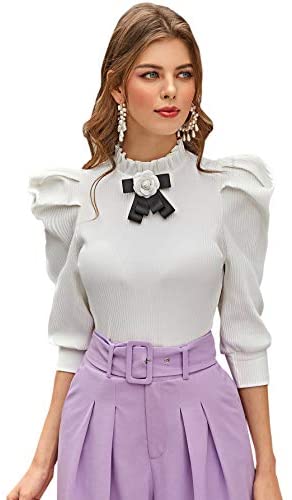 Women's Floral Puff Sleeve Blouse for Work Office Hight Neck Top