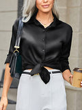 Black Silk Button Up Shirt Women Satin Blouse Casual V-Neck Long Sleeve Business Office Blouses Tops Black S