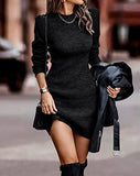 Women Sweater Bodycon Short Dress Long Sleeve Crew Neck Slim Fit Solid Dressy Fall Winter Mini Ribbed Knit Dresses(Solid Dark Coffee, Large)