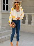 Women's Cardigan Sweaters - Floral Knit Open Front Crop Cardigans Long Sleeve Sweater Outwear Tops Orange L