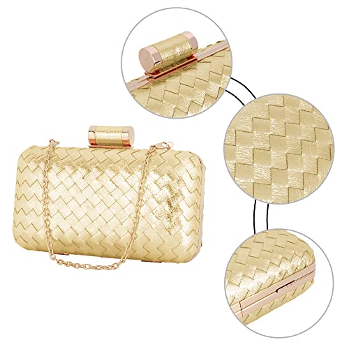 Women Lattice Pattern Metal Handbag Chain Geometric Evening Clutch Purse, Gold