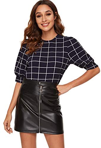 Women's Puff Sleeve Plaid Work Blouse High Neck Office Top