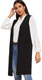 Women's Double Breasted Long Vest Jacket Casual Sleeveless Pocket Outerwear Longline