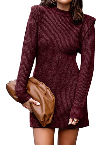 Women Sweater Bodycon Short Dress Long Sleeve Crew Neck Slim Fit Solid Dressy Fall Winter Mini Ribbed Knit Dresses(Solid Dark Coffee, Large)