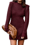 Women Sweater Bodycon Short Dress Long Sleeve Crew Neck Slim Fit Solid Dressy Fall Winter Mini Ribbed Knit Dresses(Solid Dark Coffee, Large)