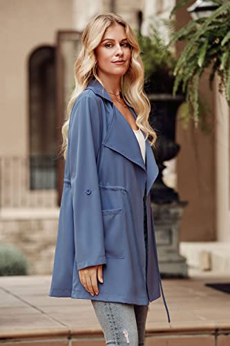Women's Casual Lightweight Jackets Long Sleeve Drawstring Waist Lapel Trench Coat Outwear with Pockets