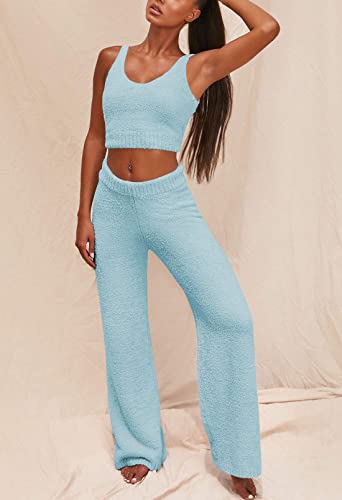 Womens Fuzzy Fleece 3 Piece Pajama Set Tank Crop Tops Pants Open Front Cardigan Lounge Outfit Light Blue S