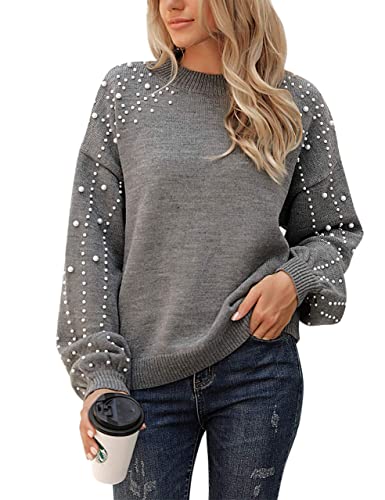 Women's Chunky Sweater Crewneck Sweatshirt Knit Lantern Sleeve Oversized Pullover Sweater with Pearls (Large, Grey)