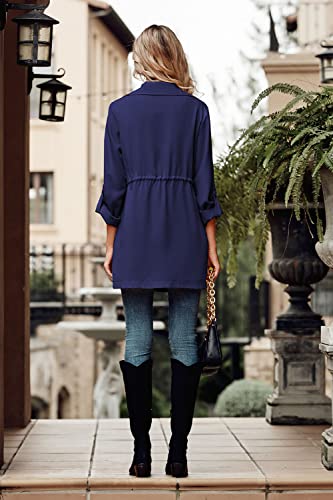Women's Casual Lightweight Jackets Long Sleeve Drawstring Waist Lapel Trench Coat Outwear with Pockets