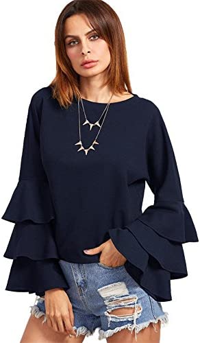 Women's Round Neck Ruffle Long Sleeve Blouse