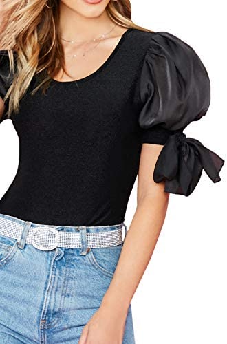 Women's Organza Puff Sleeve Self Tie Sleeve Round Neck Shirt Stretchy Blouse Top