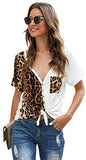 Women's Colorblock Leopard Shirt Blouse Short Sleeve V Neck Button Up Tee Tops with Pocket