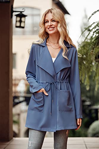 Women's Casual Lightweight Jackets Long Sleeve Drawstring Waist Lapel Trench Coat Outwear with Pockets
