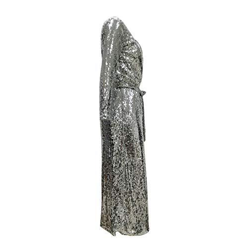 Womens Spring Autumn Sequins Open Front Covers Up Overcoat Long Sleeve See Through Slim Belted Cardigan Coat Windbreaker Jacket Party Club Dress Silver(Order one or Two Size Up )