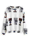 Women's Casual Floral Print Long Sleeve Pullover Tops Baby Blue