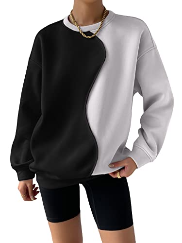 Women's Color Block Crew Neck Oversized Sweatshirt Drop Shoulder Casual Pullover
