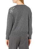 Women's Long Sleeve Embellished Floral Sweater, Medium Heather Grey, Large