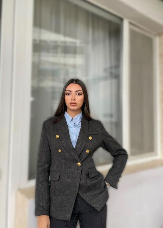 Blazer Jackets for Women Tweed Double Breasted Elegant Lightweight Cardigan Outwear Gray S