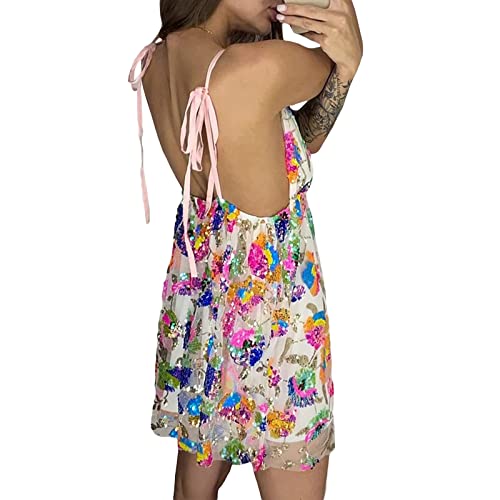 Women Girls Backless Sequin Dresses Spaghetti Strap Deep V-Neck A-line Short Dress Sparkly Party Clubwear