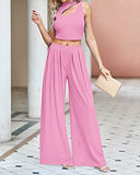 Women 2 Piece Outfits Spring Summer Tracksuits Mock Neck Sleeveless Cutout Crop Top Wide Leg Long Pants Sweatsuits