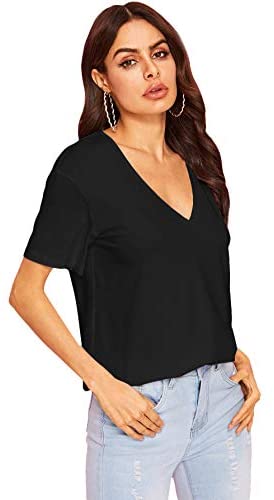 Women's Summer Teen Basic V Neck Short Sleeve Loose Casual Tee T-Shirt Top