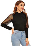 Women's Mesh Sheer Polka Dot Sleeve Blouse Long See Through Top