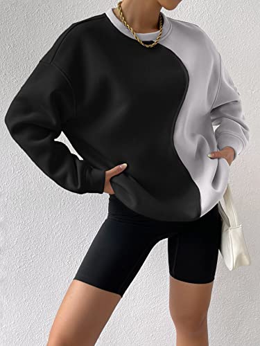 Women's Color Block Crew Neck Oversized Sweatshirt Drop Shoulder Casual Pullover