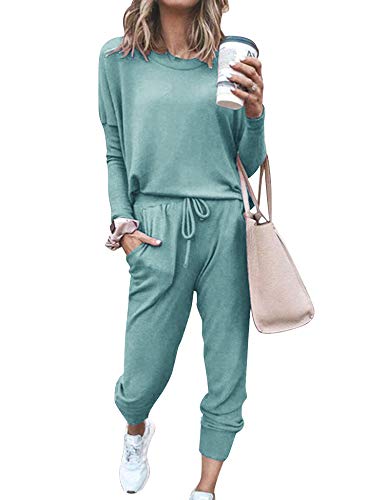 Women's Long Sleeve Loungewear Crewneck Pullover Tops Long Pants Sweatsuits Tracksuits with Pockets Army Green
