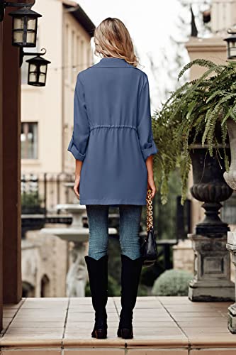 Women's Casual Lightweight Jackets Long Sleeve Drawstring Waist Lapel Trench Coat Outwear with Pockets
