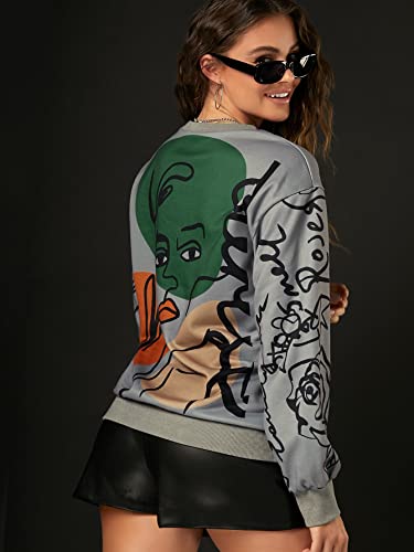 Women's Figure Graphic Print Sweatshirt Round Neck Long Sleeve Contrast Color Graffiti Pullovers Brown L