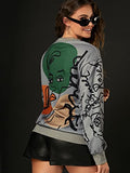 Women's Figure Graphic Print Sweatshirt Round Neck Long Sleeve Contrast Color Graffiti Pullovers Brown L