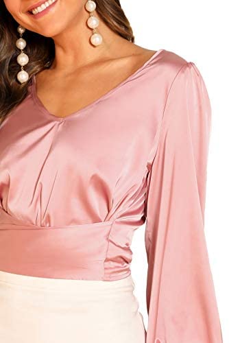 Women's Elegant V Neck Self Tie Knot Long Sleeve Satin Blouse Shirt Top