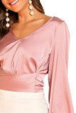 Women's Elegant V Neck Self Tie Knot Long Sleeve Satin Blouse Shirt Top