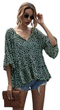 Women's Casual V Neck Flounce 3/4 Sleeve Top Ruffle Loose Blouse