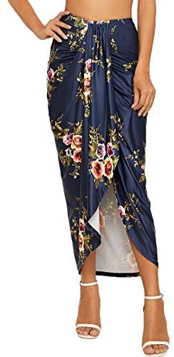 Women's Floral Slit Wrap Asymmetrical Elastic High Waist Maxi Draped Skirt