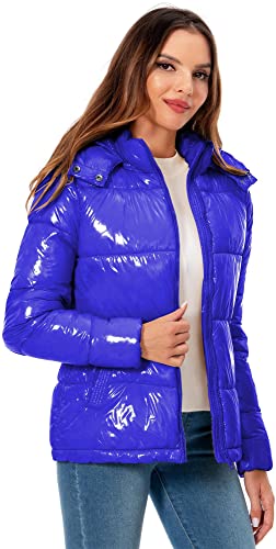 Women's Winter Hooded Shiny Puffer Jacket Casual Warm Quilted Full Zip Short Bubble Padded Coat (as1, alpha, s, regular, regular, Dark Gold, Small)