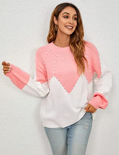 Women's Chunky Sweater Crewneck Sweatshirt Knit Lantern Sleeve Oversized Pullover Sweater with Pearls (Large, Grey)