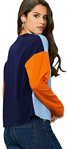 Women's Casual T-Shirt Color Block Drop Shoulder Long Sleeve Blouses Tops
