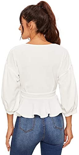 Women's Lantern 3/4 Sleeve V Neck Ruffle Blouse Tie Waist Wrap Peplum Top