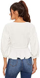 Women's Lantern 3/4 Sleeve V Neck Ruffle Blouse Tie Waist Wrap Peplum Top