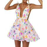 Women Girls Backless Sequin Dresses Spaghetti Strap Deep V-Neck A-line Short Dress Sparkly Party Clubwear