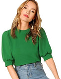 Puff Sleeve Casual Solid Top Pullover Keyhole Back Blouse Green