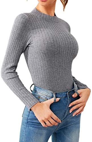 Women's Mock Neck Long Sleeve Sweaters Solid Ribbed-Knit Pullover Tops