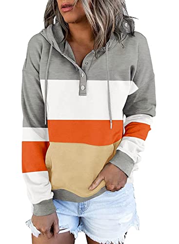 Womens Casual Hoodies Long Sleeve Drawstring Lightweight Solid Hooded Sweatshirt Button Loose Pullover Tops Fall Clothes with Pocket