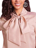 Women's Long Sleeve Tie Neck Shirt Satin Solid Pullover Work Blouse Top