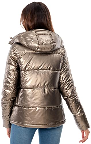 Women's Winter Hooded Shiny Puffer Jacket Casual Warm Quilted Full Zip Short Bubble Padded Coat (as1, alpha, s, regular, regular, Dark Gold, Small)