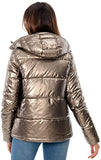 Women's Winter Hooded Shiny Puffer Jacket Casual Warm Quilted Full Zip Short Bubble Padded Coat (as1, alpha, s, regular, regular, Dark Gold, Small)