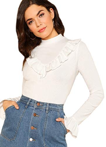 Women's Flounce Long Sleeve Ruffle Trim T Shirts Ribbed Knit Tops Blouses