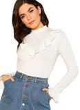 Women's Flounce Long Sleeve Ruffle Trim T Shirts Ribbed Knit Tops Blouses