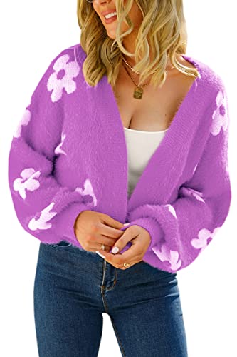 Women's Cardigan Sweaters - Floral Knit Open Front Crop Cardigans Long Sleeve Sweater Outwear Tops Orange L